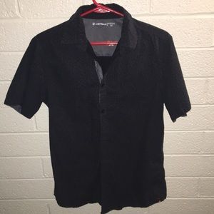 Navy Blue Button Down w/ tan dots